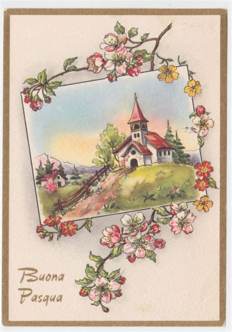 dettagli su cartolina vintage  buona pasqua chiesa  paese cornice  fiori  pesco fg