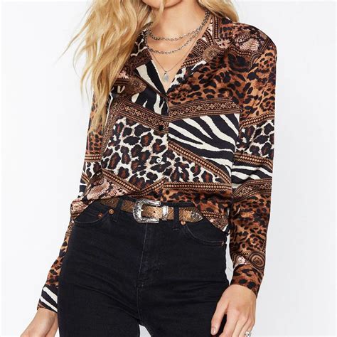 chiffon blouse women vintage animal print leopard blouses turn  collar shirt casual loose