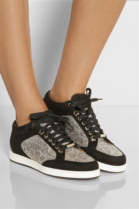 lyst jimmy choo miami lace paneled suede sneakers  metallic