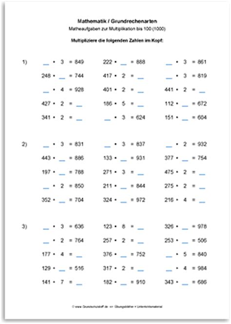 arbeitsblatt mathematik grundrechenarten multiplikation
