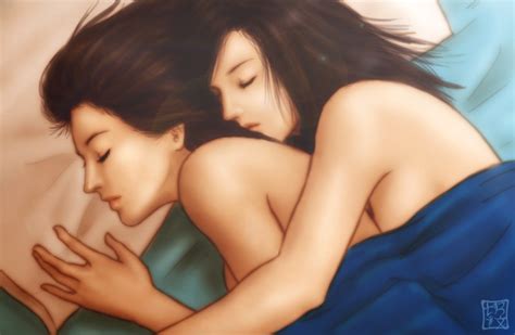 xbooru 2 girls after sex art artist request bed bed sheet closed eyes female from behind hug