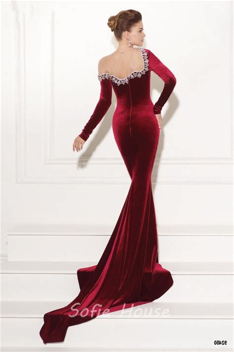 sexy illusion neckline long sleeve burgundy velvet occasion evening dress