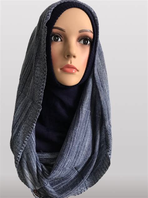 hooded knitted instant hijab blue grey instant hijabs uk