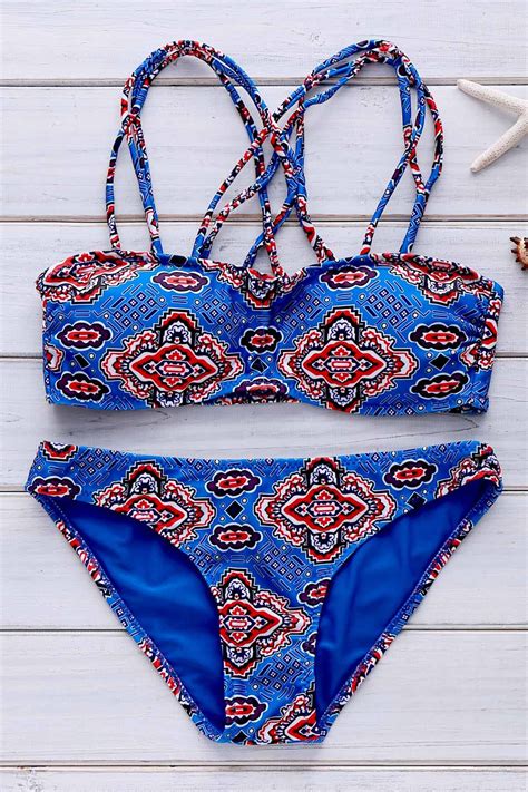 Spaghetti Straps Printed Bikini Set Blue Bikinis Zaful Bikinis For