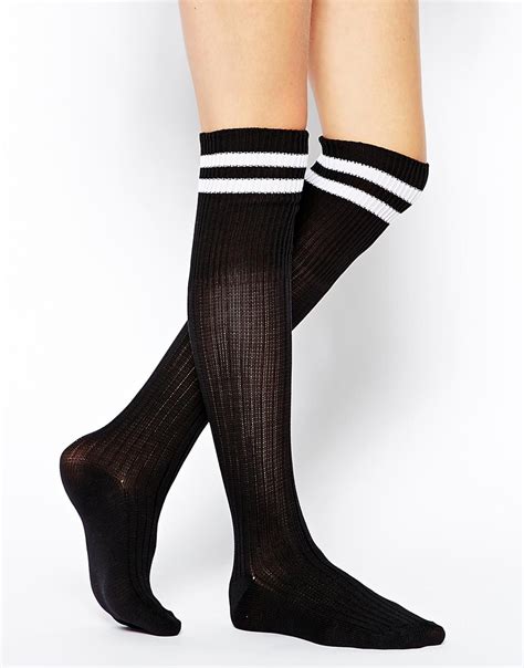 asos 2 stripe knee high socks in black lyst