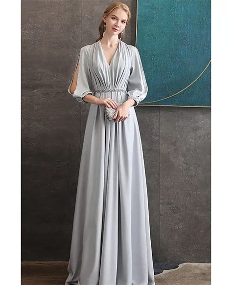 elegant long grey evening formal dress vneck  long sleeves dm
