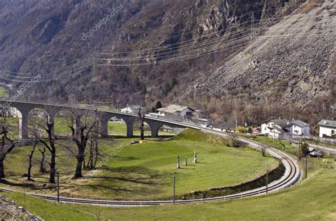 brusio spiral viaduct  swiss alps stock photo  mardym