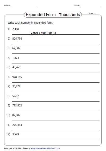 standard  expanded form place  worksheets