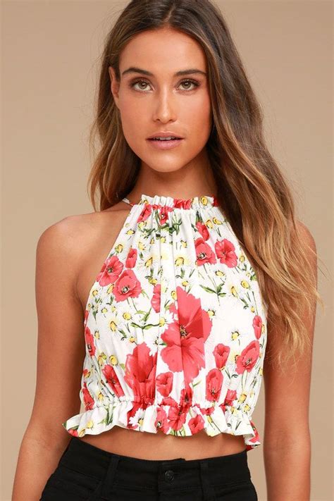 Nostalgia White And Red Floral Print Crop Top Floral Print Crop Top