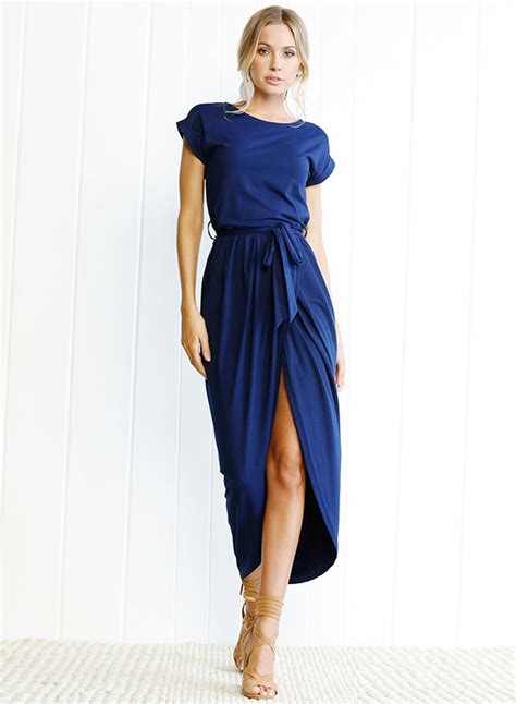 Short Sleeve Slit Maxi Dress With Belt