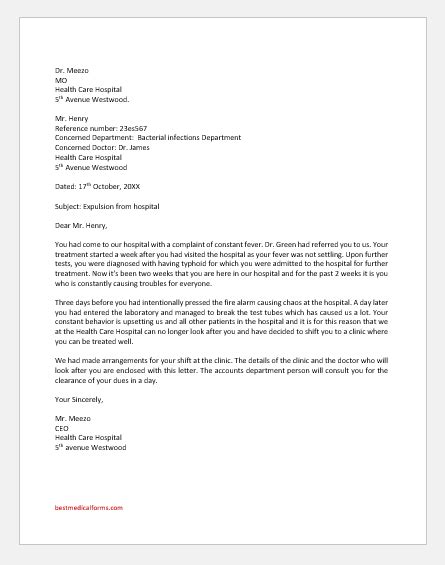 letter  patient  removal  hospital  unethical conduct