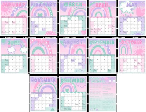 Rainbows Printable Wall Calendar 2022 12 Months With Etsy