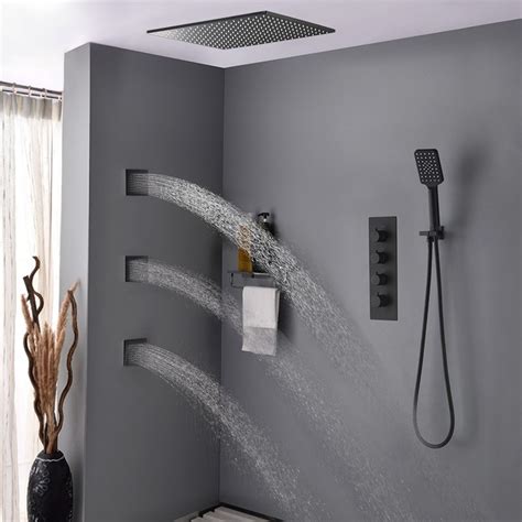 20 In Matte Black Thermostatic Rain Shower System With Hand Shower