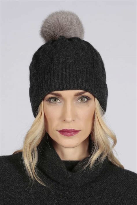 Charcoal Grey Pure Cashmere Fur Pom Pom Cable Knit Beanie Hat Italy
