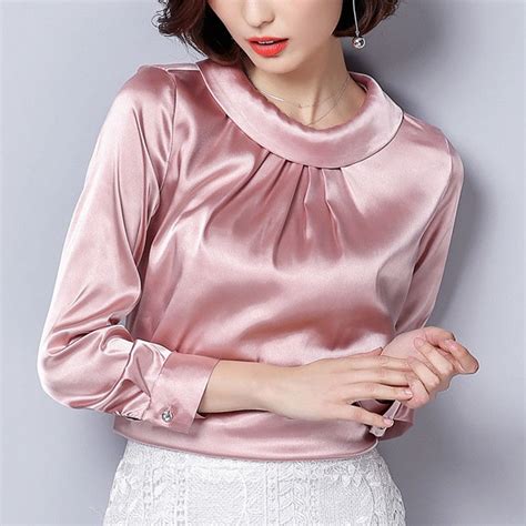 Fashion Women Shiny Silky Satin Dress Shirt Luxury Silk Like Long