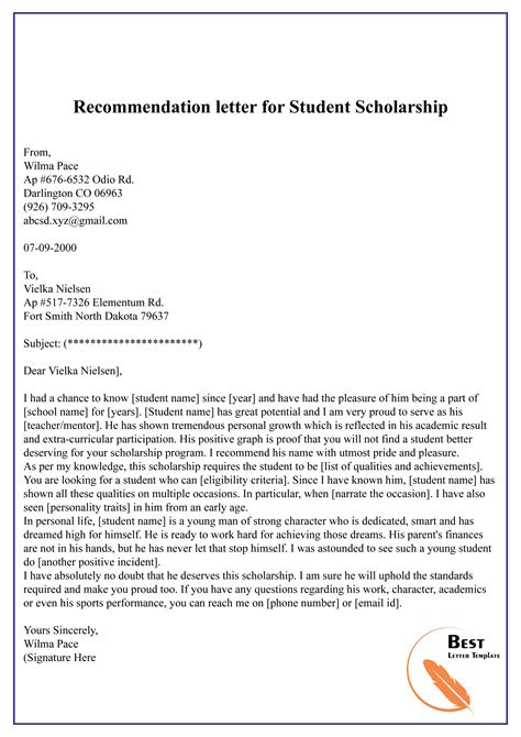 recommendation letter  student scholarship   letter template
