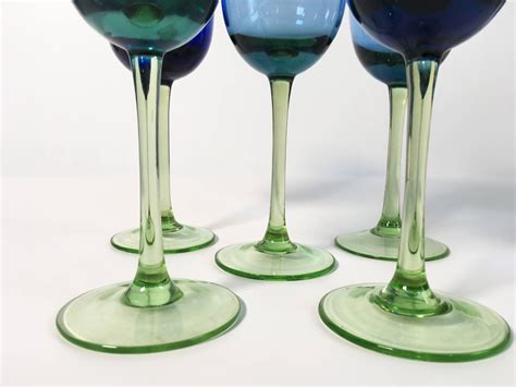Set 5 Tall Blue Crystal Wine Glasses Festival Blue Green
