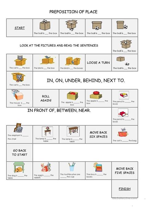 preposition  place board game preposition worksheets preposition