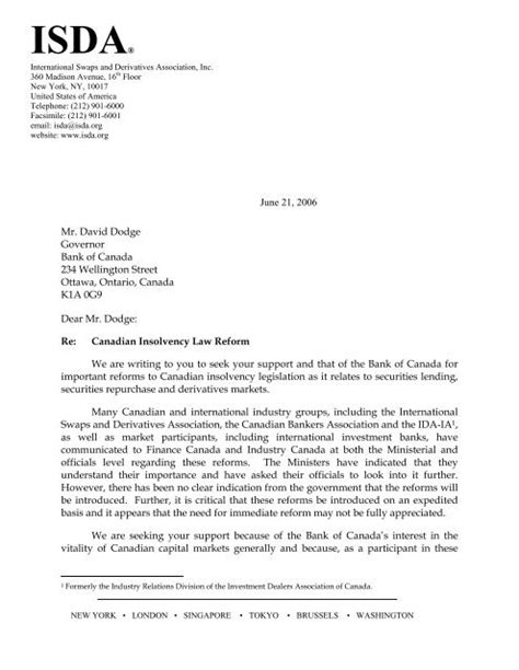 letter requesting support  reforms  canadian insolvency isda