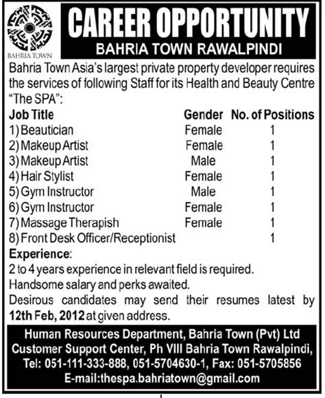 bahria town rawalpindi required staff in rawalpindi jang on 03 feb 2012 jobs in pakistan