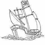 Ship Coloring Pirate Schooner Wave Drawing Simple Galleon Rear Kids Color sketch template