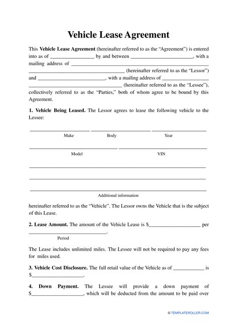 printable auto lease agreement printable form templates  letter