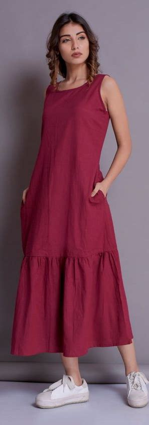 fashion red o neck dress sleeveless pockets cotton blended dress in
