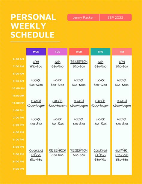 bright personal weekly schedule venngage