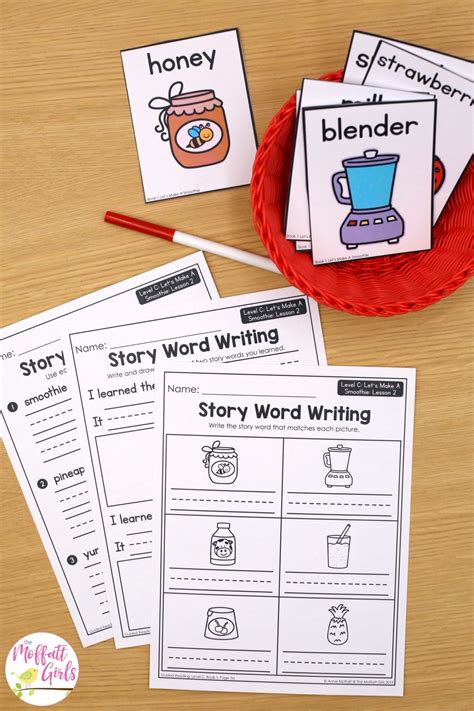 story word writing worksheets    wooden table  red straws