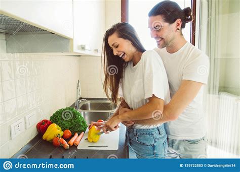 Loving Couple Cooking In The Kitchen Stock Image Image Of Lifestyle
