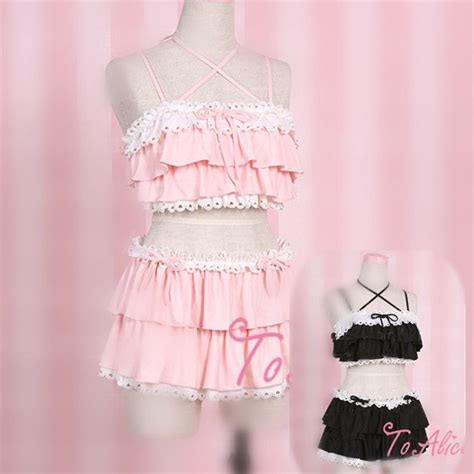 Black Pink Kawaii Two Piece Bikini Set Sp167110 Harajuku Outfits