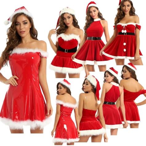 Santa Costume Velvet Crop Top Shorts Hat Faux Fur Trim Buckle Mrs Claus