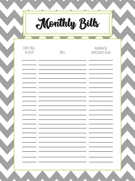 monthly bill template  printable printable templates