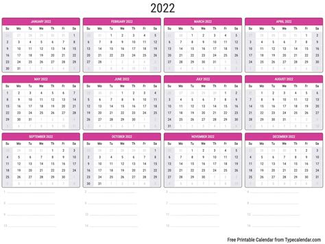 printable year  calendar type calendar