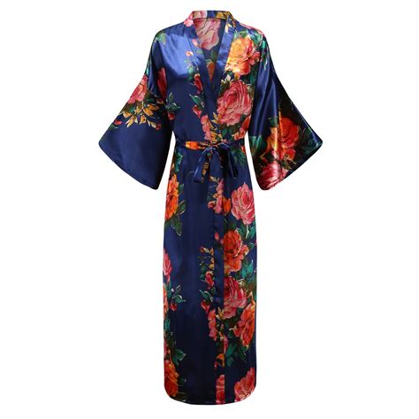 Long Women Sleepwear Kimono Robe Sleepwear Nightdress Sex Navy Blue