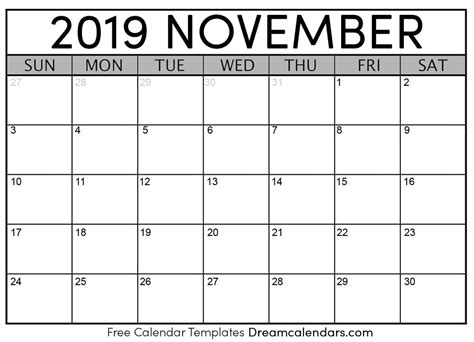 november  calendar  blank printable  holidays