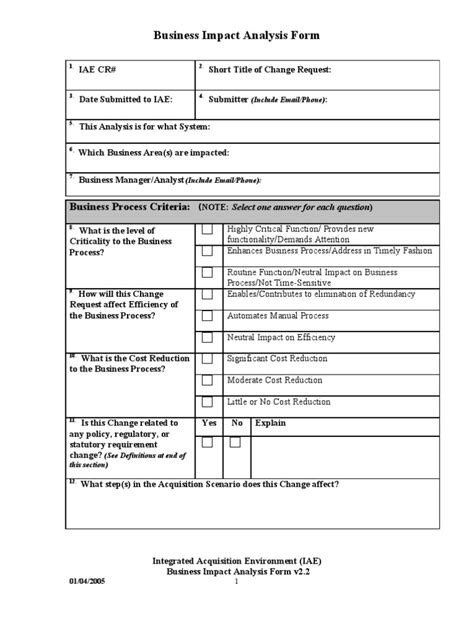 business impact analysis form business process business