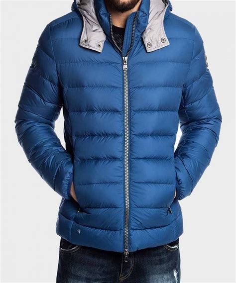 mens puffer blue hooded jacket  winter outfits