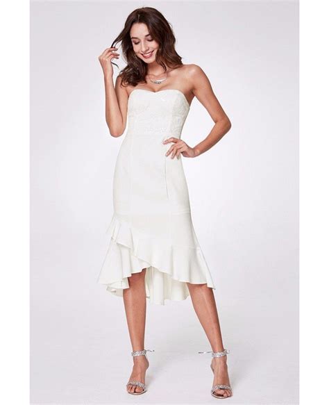 61 strapless white hi low prom dress short with lace