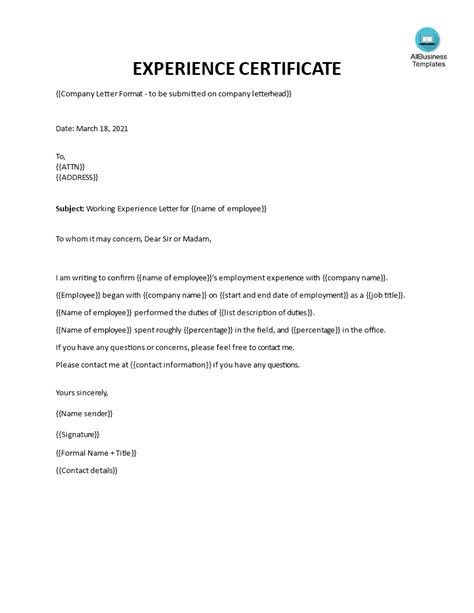 experience letter  employer templates  allbusinesstemplatescom