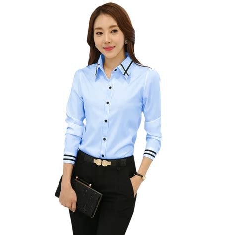 Women Fashion White Blue Long Sleeve Turn Down Collar Formal Shirt