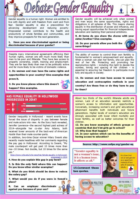 debate gender equality reading for… english esl worksheets pdf and doc