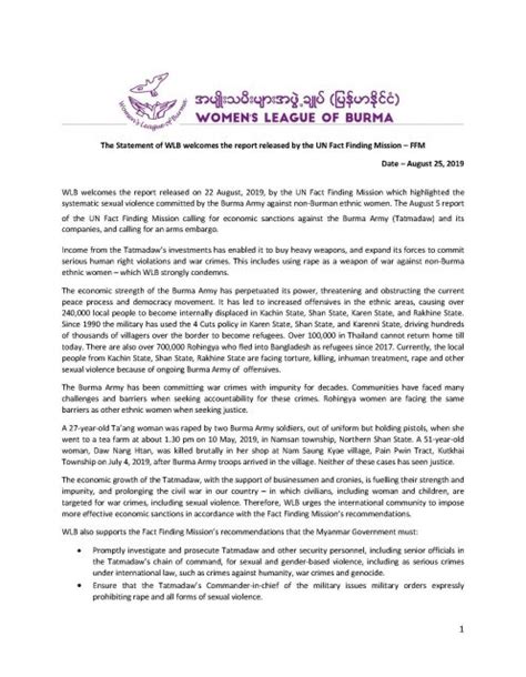 Progressive Voice Myanmar The Statement Of Wlb Welcomes The Report