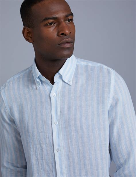 men s blue and white stripe slim fit linen shirt single cuff hawes
