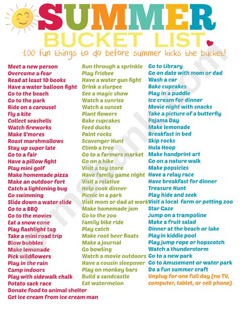 100 Things Summer Bucket List Template Printable Pdf Download