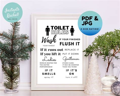 toilet rules sign printable wall art print  home art etsy