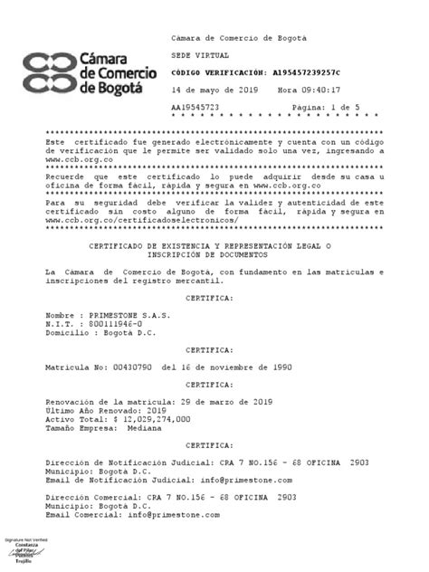 Certificado Cámara De Comercio Mayo 14 De 2019 Sociedad De