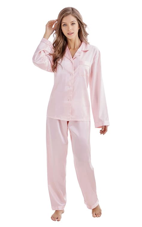 women s silk satin pajama set long sleeve light pink with white piping