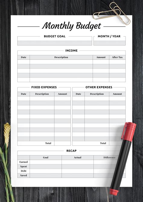 printable monthly budget  recap section