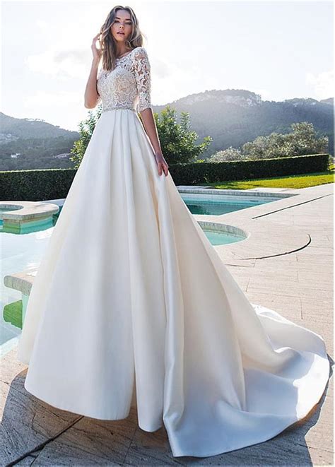 Exquisite Matte Satin Neckline A Line Wedding Dresses With Lace Half